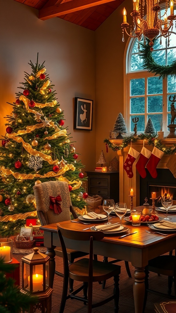 A warm and inviting Christmas home interior with a decorated tree, stockings by the fireplace, and a festive dining setup.